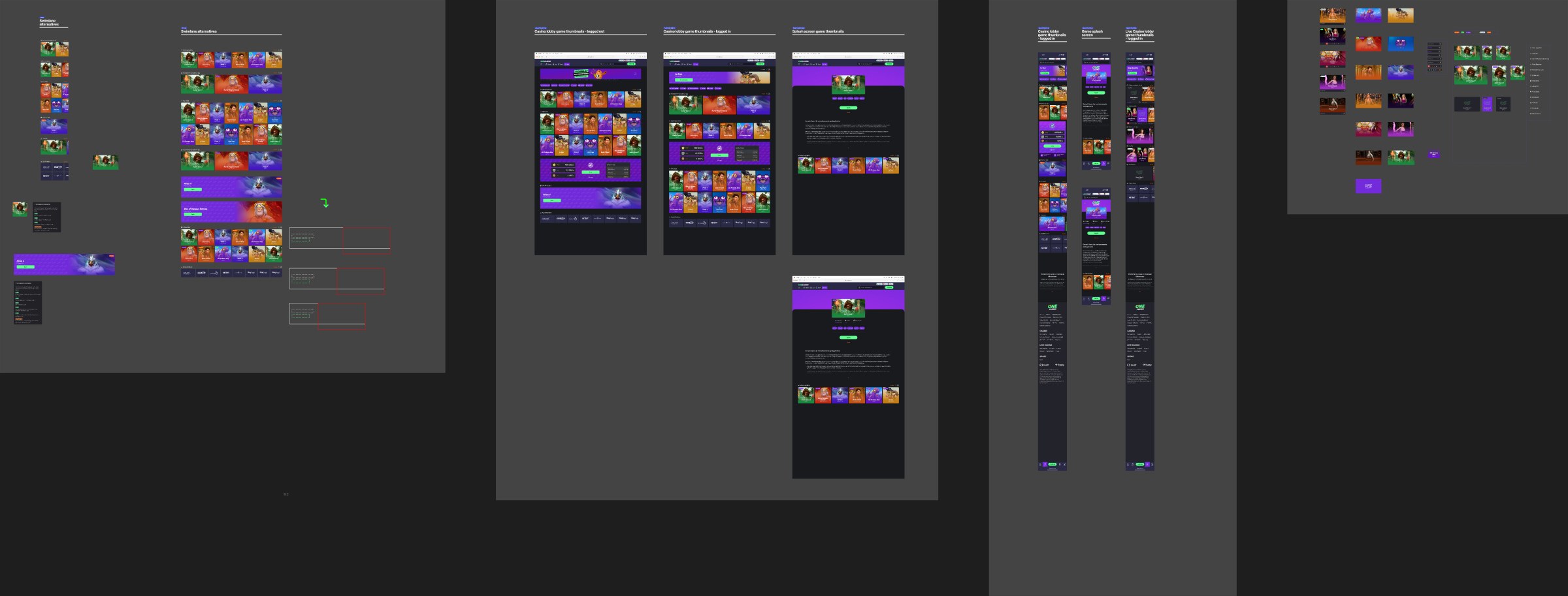 Figma overview: component sheet, swimlane alternatives, desktop lobby logged out and logged in, splash screens and mobile lobbies.