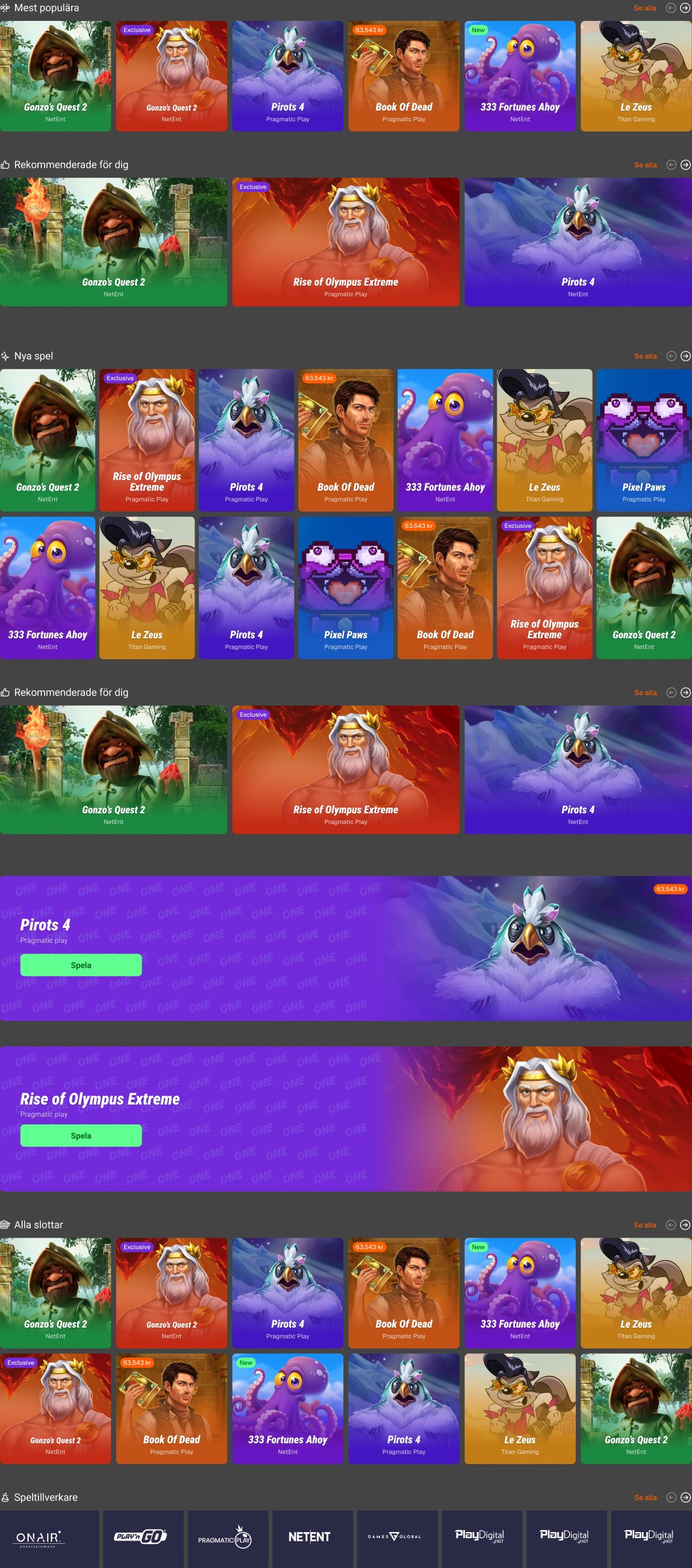Swimlane alternatives: rows of square cards, rows of wide 16:9 cards, featured game banners and a provider row, all using the same game artwork.