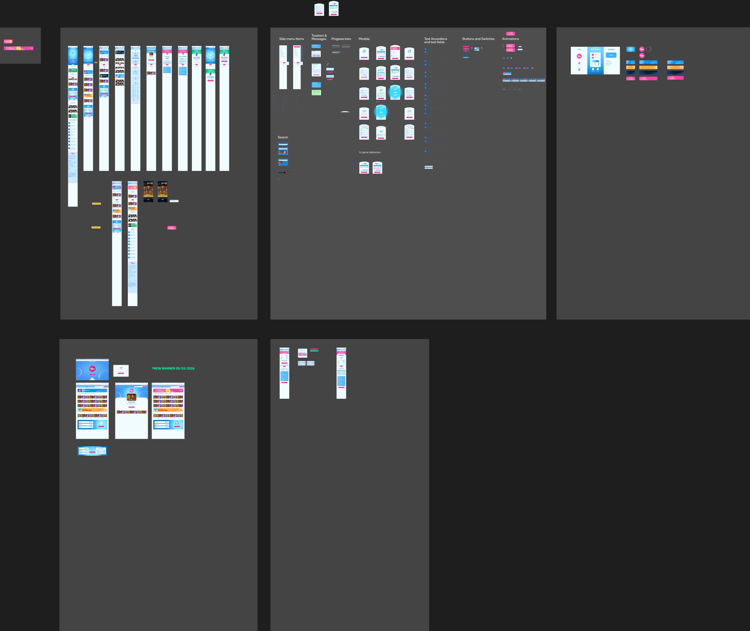 Overview of the established brand’s Figma page: mobile flows, a component section with side menu items, toasts, progress bars, modals, accordions, buttons and animations, and brand elements.