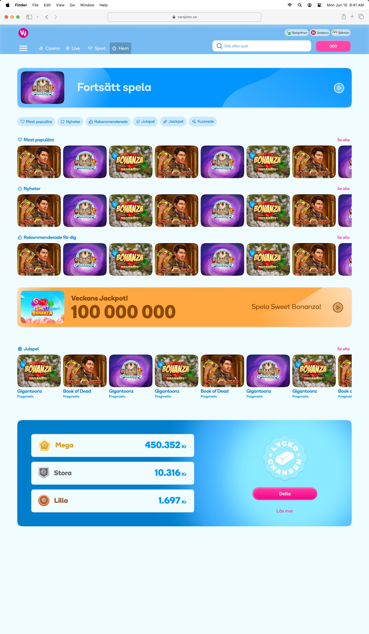 Established brand’s desktop lobby in light blue: continue-playing banner, category chips, game swimlanes, a weekly jackpot banner and a three-tier jackpot module.