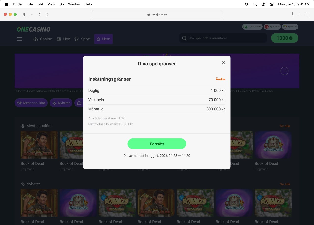 Desktop lobby with a modal titled Dina spelgränser listing daily, weekly and monthly deposit limits, the net loss over 12 months and the last login time, with a Fortsätt button.