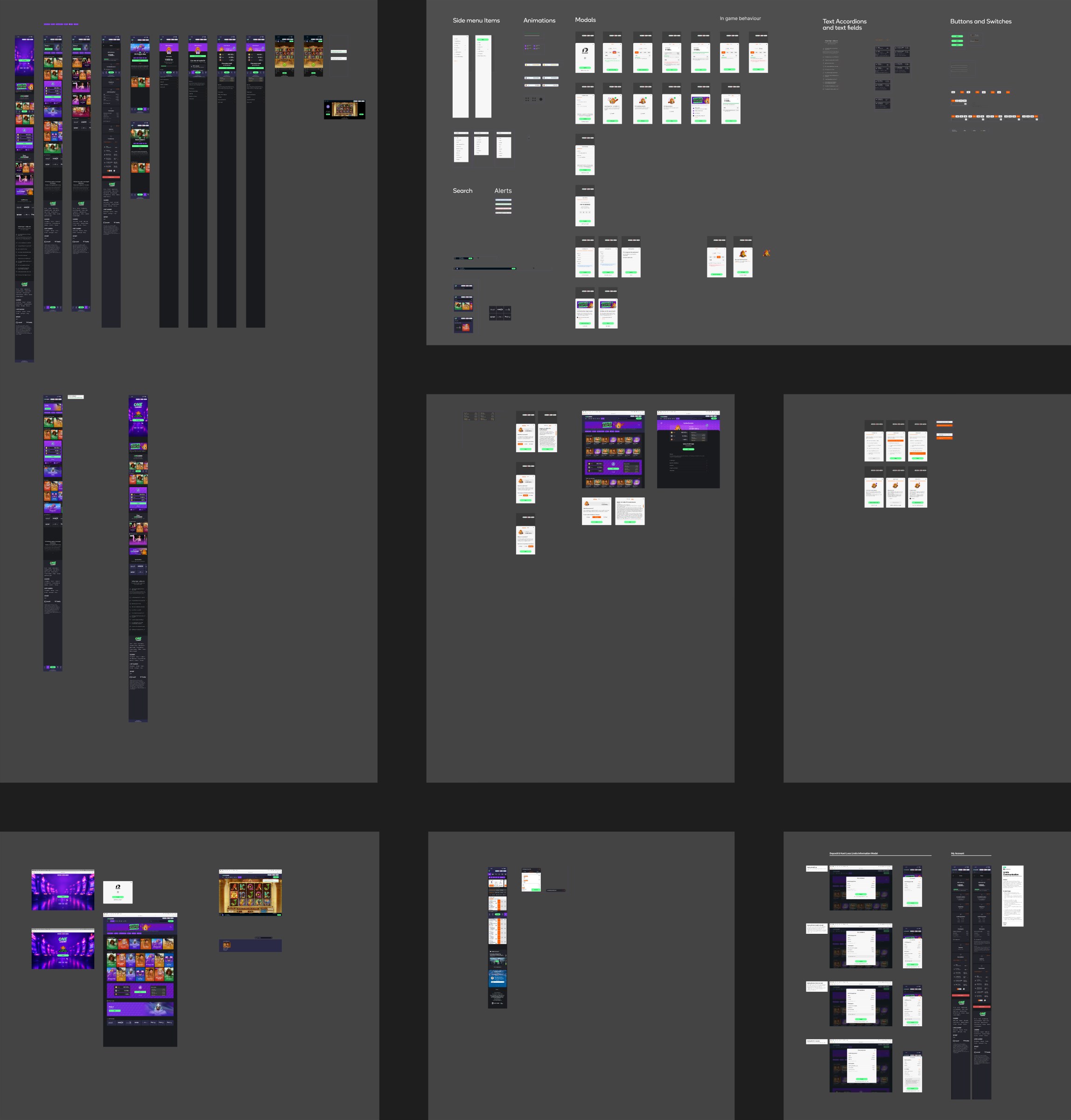 Overview of the new brand’s Figma file with the same sections: mobile flows, components, desktop flow, hard loss limits, internal jackpot and account closure.