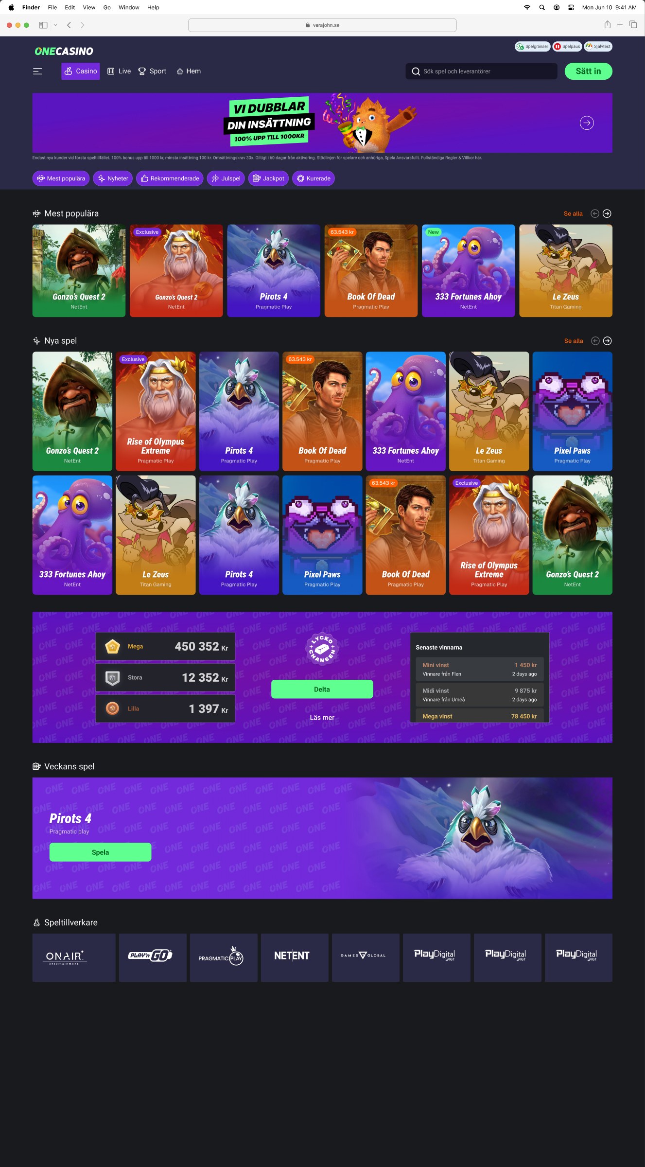 New brand’s desktop lobby in dark purple with the same structure: banner, category chips, game swimlanes and a three-tier jackpot module.