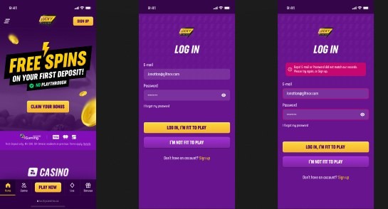 Three mobile screens: the free-spins landing page, the log-in screen, and the log-in screen showing an error message.